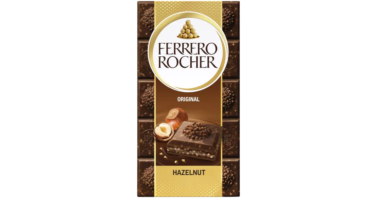 Ferrero Rocher Original -maitosuklaalevy 90g. Täytettyä maitosuklaata (60%) hasselpähkinätäytteellä (37%) ja hasselpähkinän paloilla.